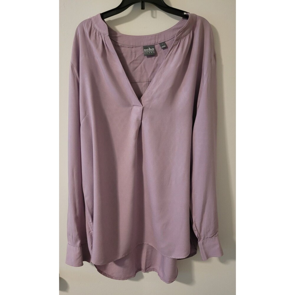 NY&Co Soho Size L Jeans Blouse Womens V-Neck Lilac  Long Sleeve Roll Tab Sleeves